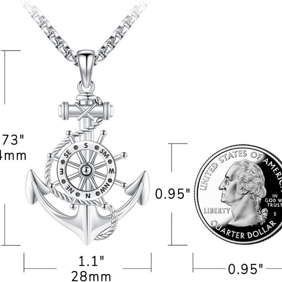 Silver Anchor Necklace with Rotatable Compass Pendant for Men Women - Picture 5 of 8